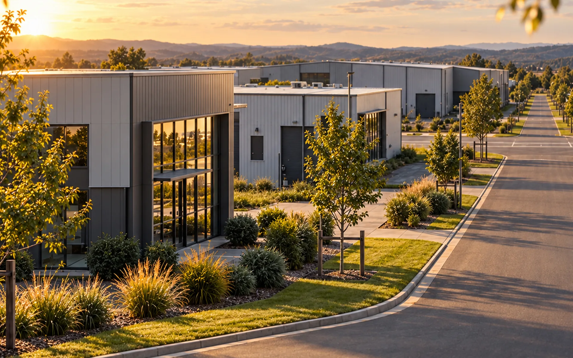 Concept render of industrial buildings along a tree-lined road at sunset