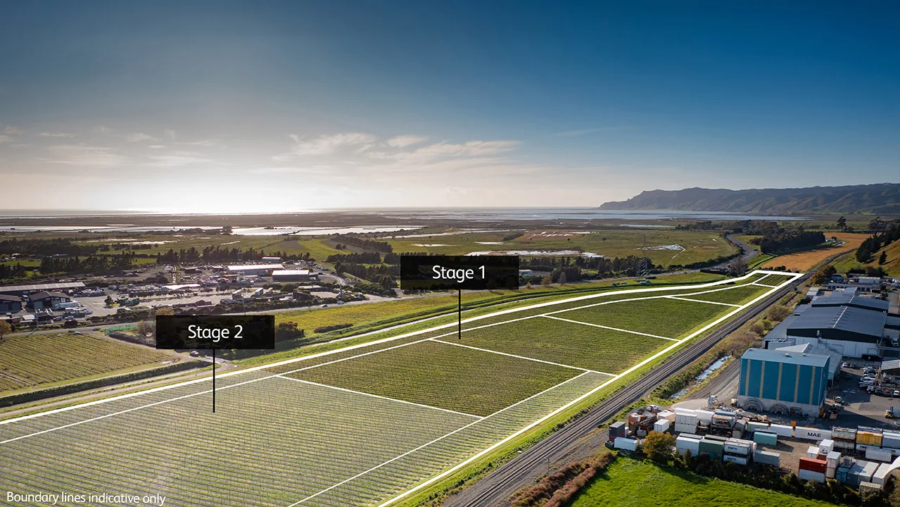 Aerial view over the site with the Stage 1 and Stage 2 boundaries outlined