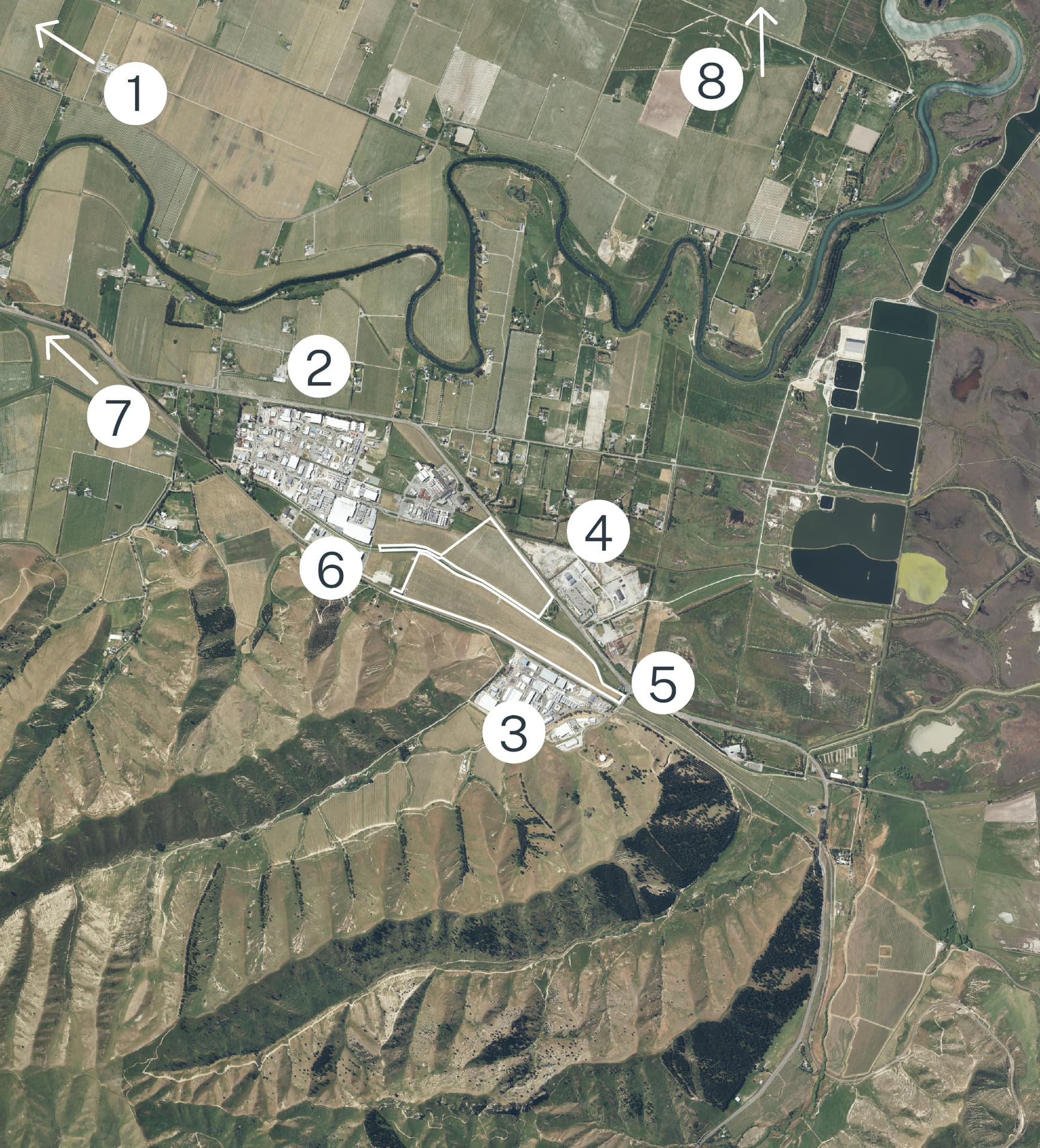 Aerial map of Riverlands with the eight places in the list marked by number
